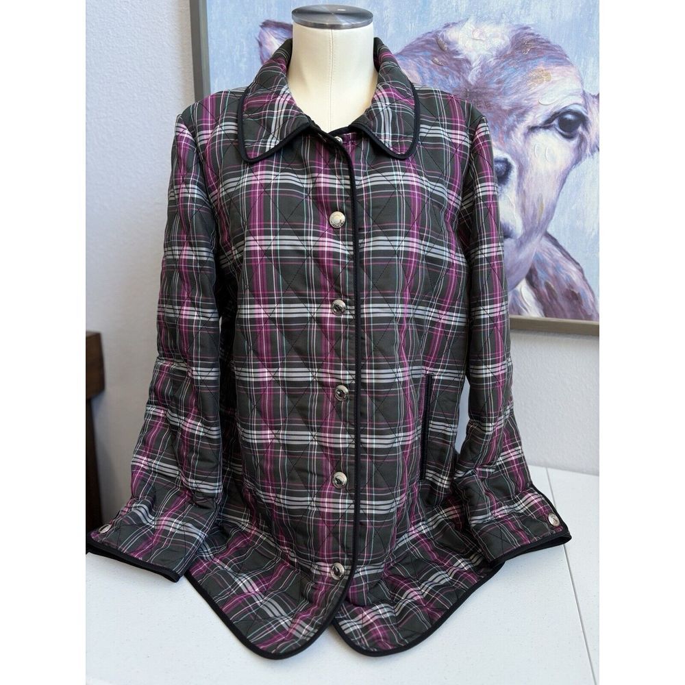Coach Women's Large Pink Gray White‎ Blue Plaid Quilted Lined Snap Button Jacket
